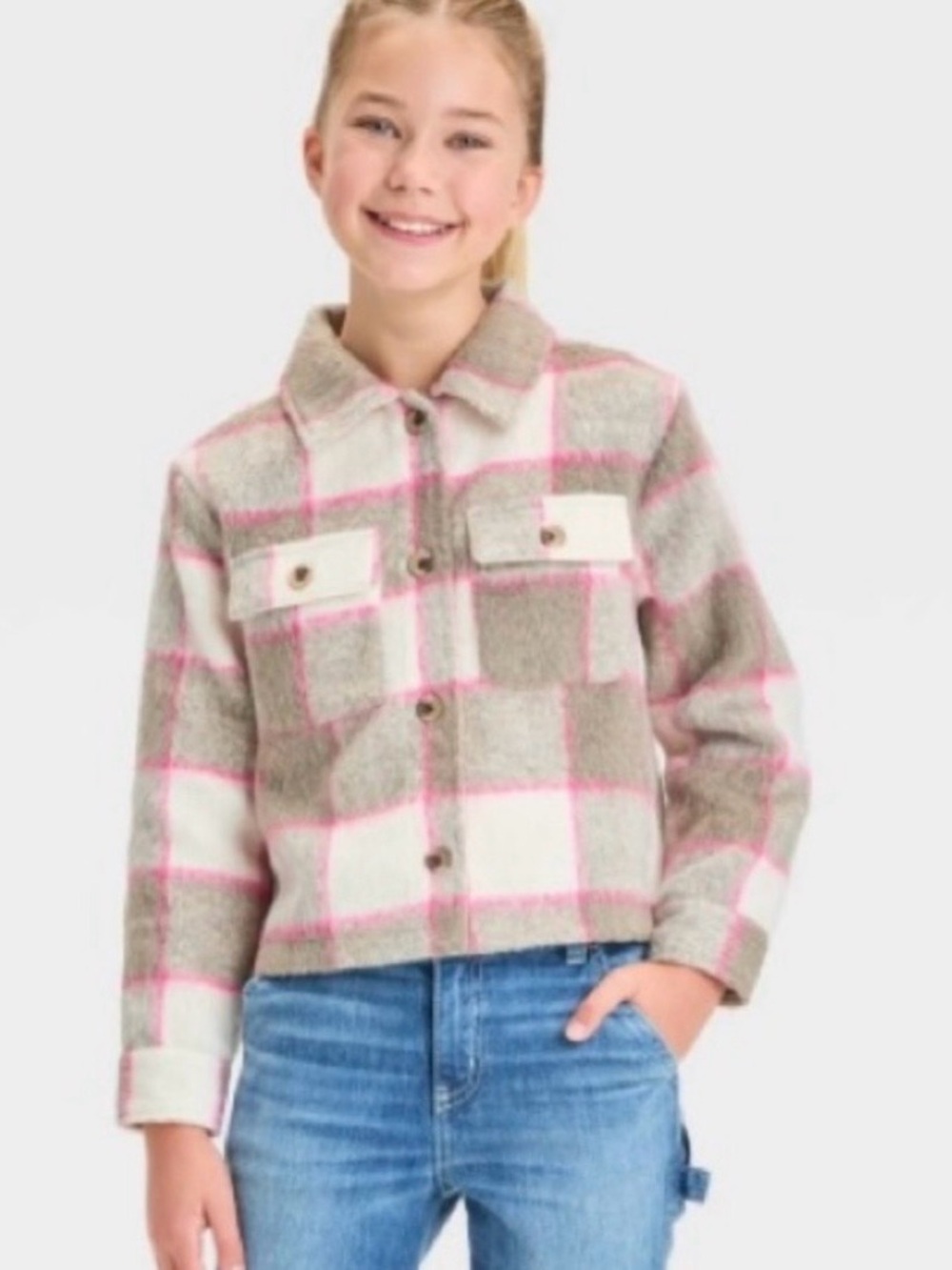 Cat & Jack Girls' Cropped Plaid Shacket gray pink Size XL New